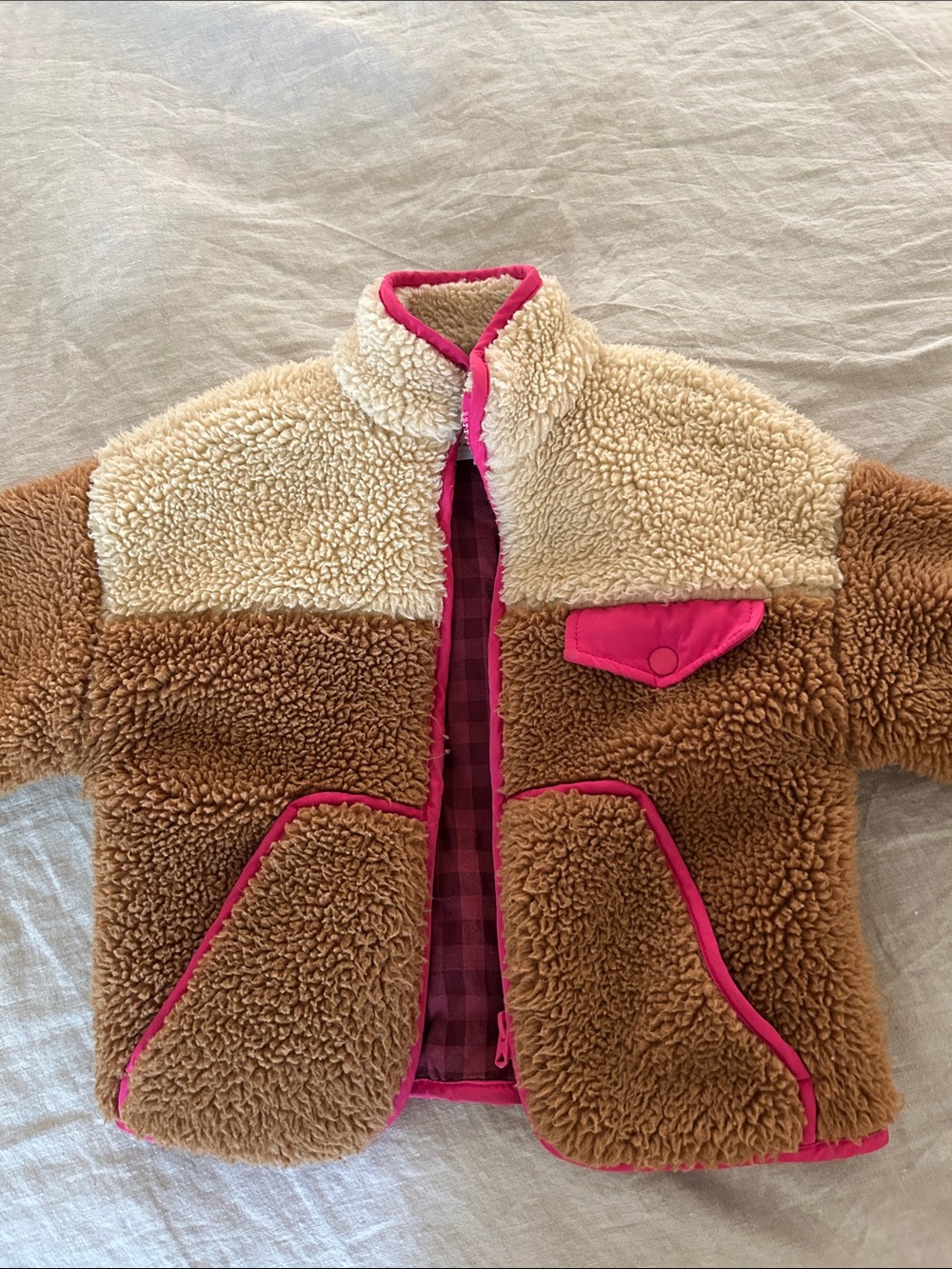 Zara Two-Tone Sherpa Puffer Jacket in Cream, Brown & Pink Trim